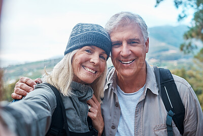 Buy stock photo Old couple, selfie and portrait, hiking in forest and happy people in nature and memory for social media post. Smile in picture, adventure and fitness, man and woman with active lifestyle and outdoor