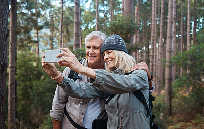 Buy stock photo Selfie, forest and hiking, old couple on nature walk taking picture for retirement vacation in Peru. Travel, senior man and mature woman with phone on hike with love and health on holiday adventure.