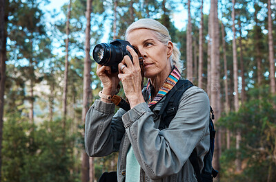 Buy stock photo Hiking, nature and woman taking photos with a camera, capturing memories and view in a forest. Travel, tourist and an elderly lady taking pictures in a woods or the mountains for a photography hobby