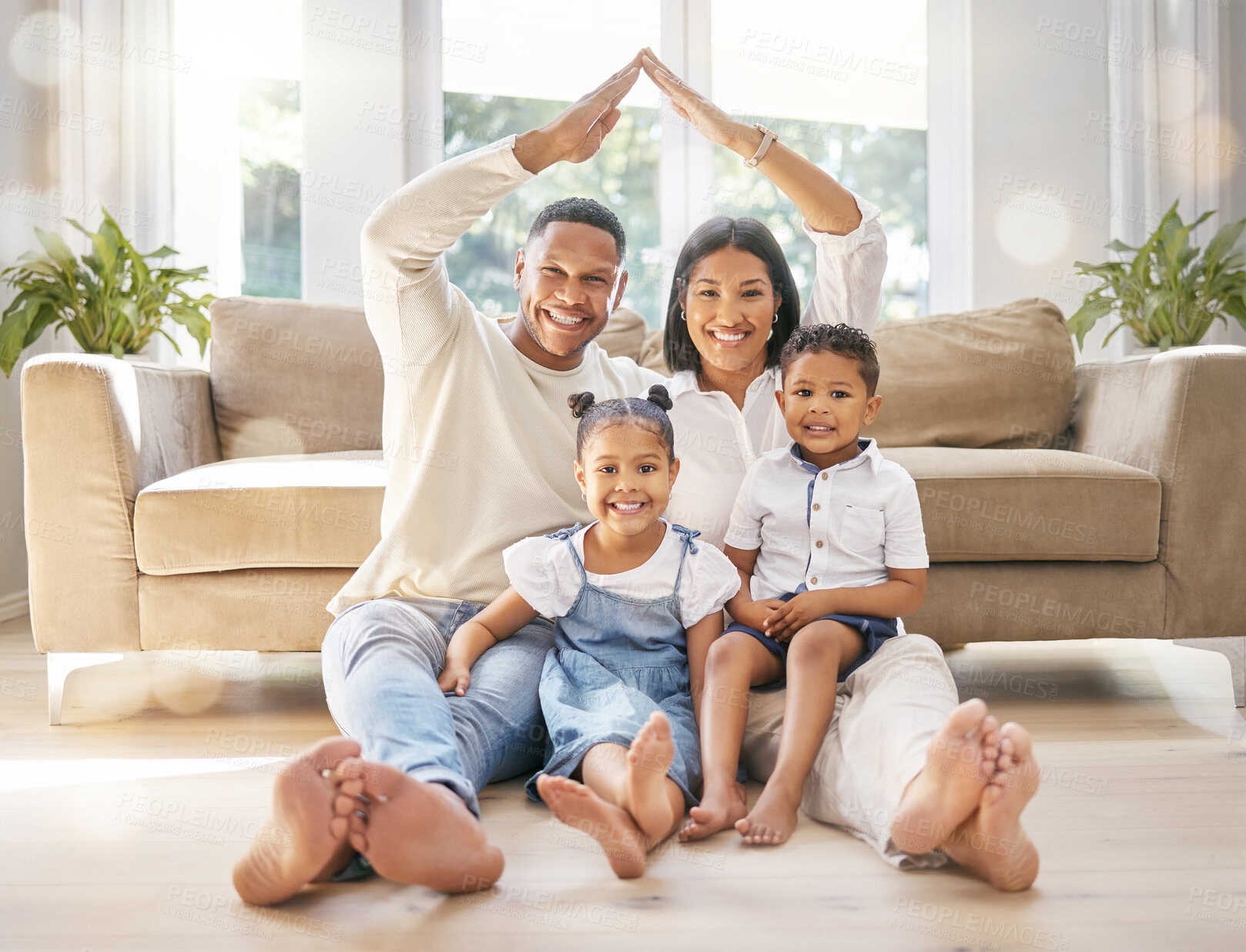 Buy stock photo Family, portrait and roof with insurance in house as investment for property, mortgage and real estate. People, face and cover with happiness, security and safety for children, growth and future