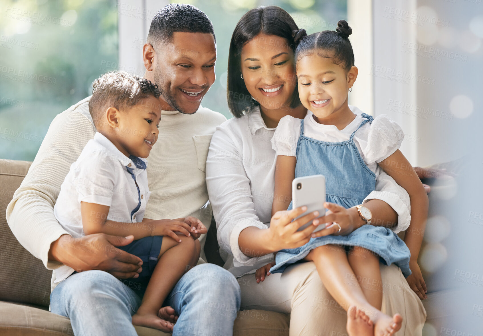 Buy stock photo Parents, children and happy with selfie on sofa for profile picture update, social media post and family memory. Mom, dad and kids with photography on couch in home for bonding, people or holiday fun