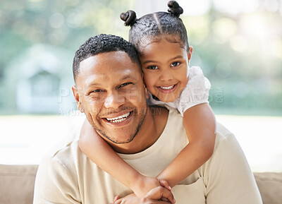 Buy stock photo Girl, father and portrait in home with care, smile and bonding with affection on weekend for safety or security. Dad, kid and love in living room with trust or hug, together and relax with joy.