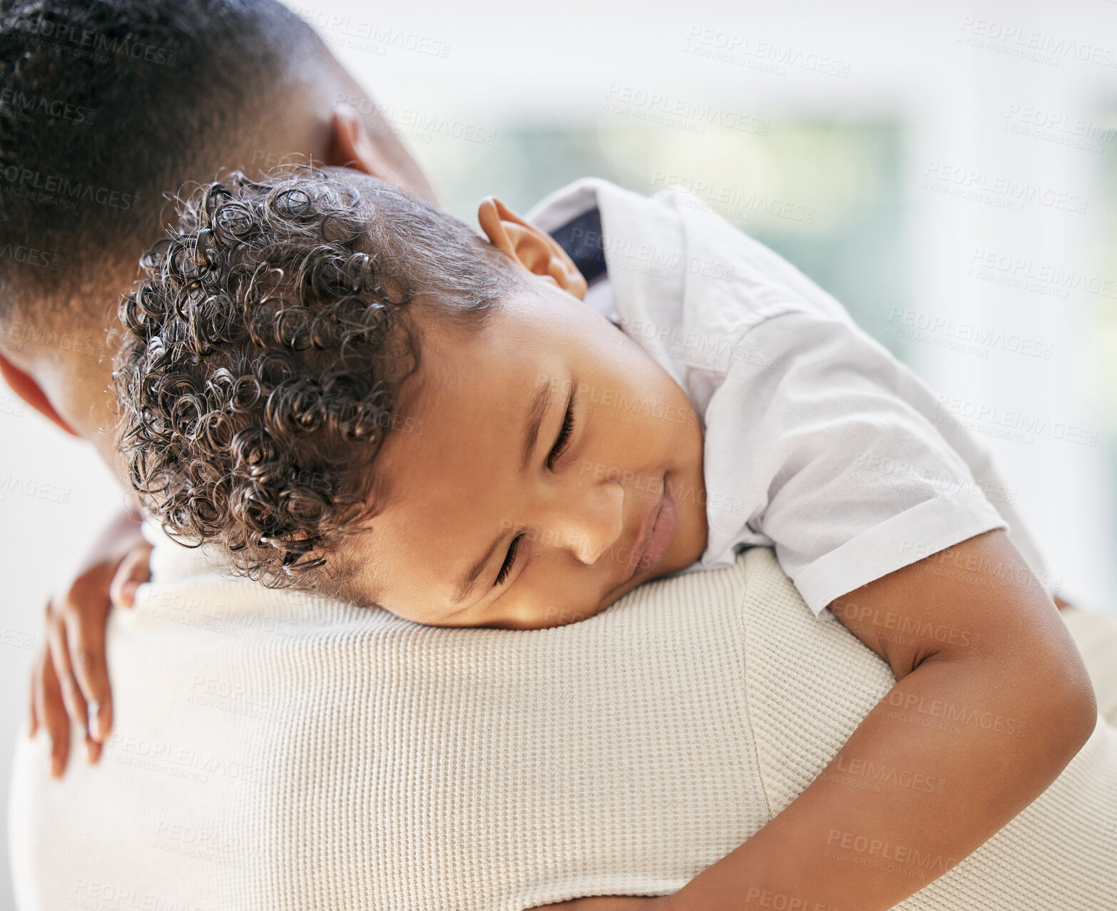 Buy stock photo Father, boy and sleeping on shoulder in home for care, trust and tired child to dream or peace and safety. Man, son and calm for nap or relax, support and exhausted or carry kid for comfort and love