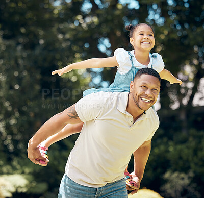 Buy stock photo Nature, piggyback and father playing with his child in an outdoor green park or backyard. Happy, smile and young man being playful and bonding with his girl kid in a outside garden on a weekend.