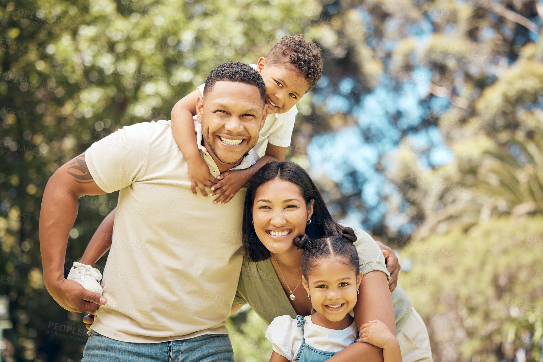 Buy stock photo Portrait, family or children with a mother, father and sibling outdoor together in a park for bonding. Summer, love or trust with a man, woman and kids outside in a garden during holiday or vacation