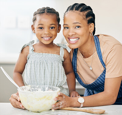 Buy stock photo Happy mother, child and baking portrait in family home at kitchen counter with help and love. Face of black woman or mom and girl kid cooking food, dessert and pancakes for development and learning