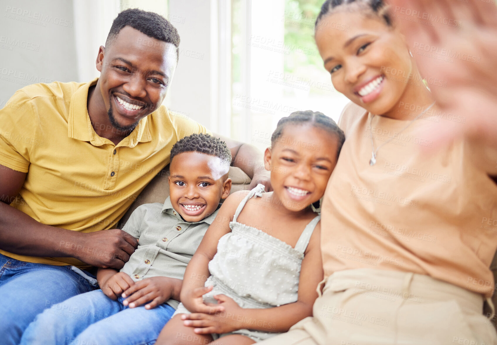 Buy stock photo Selfie, black family and happy portrait in home, living room and bonding together. Face, children and African father, mother and parents take profile picture for social media, memory or love in house