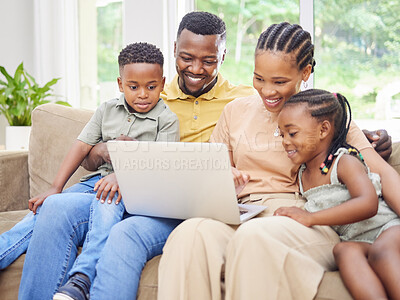 Buy stock photo Black family, laptop or video with parents and children bonding on a sofa in the home living room together. Movie, trust or love with a mom, dad and kids streaming an online subscription service