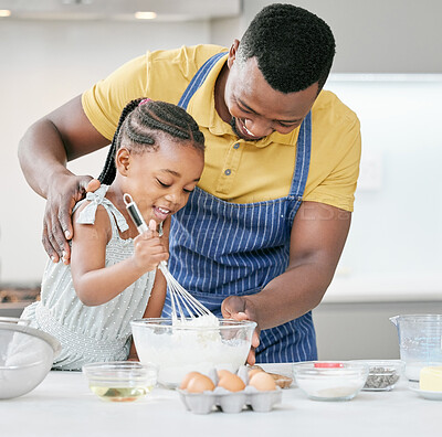 Buy stock photo Child, father or black family baking with a whisk at kitchen counter for help and love. African man or dad and happy girl kid in house to learn about cooking food, dessert and pancakes or development