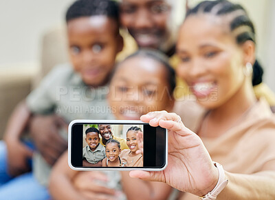 Buy stock photo Children, family and phone screen for selfie together on home sofa with happiness and love. Black kids, man and woman or parents with smartphone photo for social media, quality time and happy memory