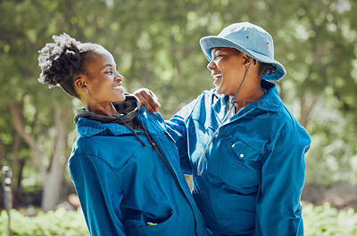 Buy stock photo Women, teamwork and happy on farm for support, sustainable agro business or growth. Friends, farmers or excited in Kenya field for agriculture, fun project or healthy work environment for development