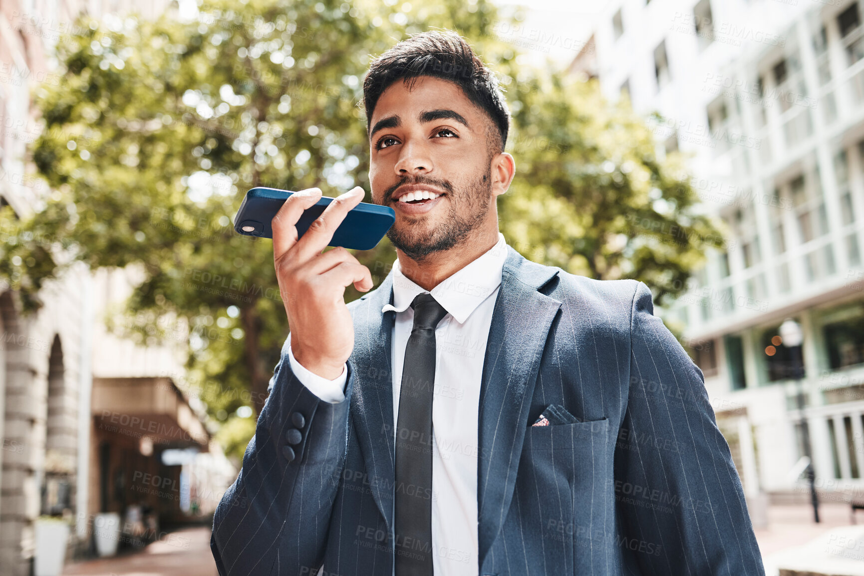 Buy stock photo Phone call, business and man with loudspeaker, outdoor and conversation with connection. Person, lawyer and attorney in street, smartphone and discussion with digital app, contact and communication