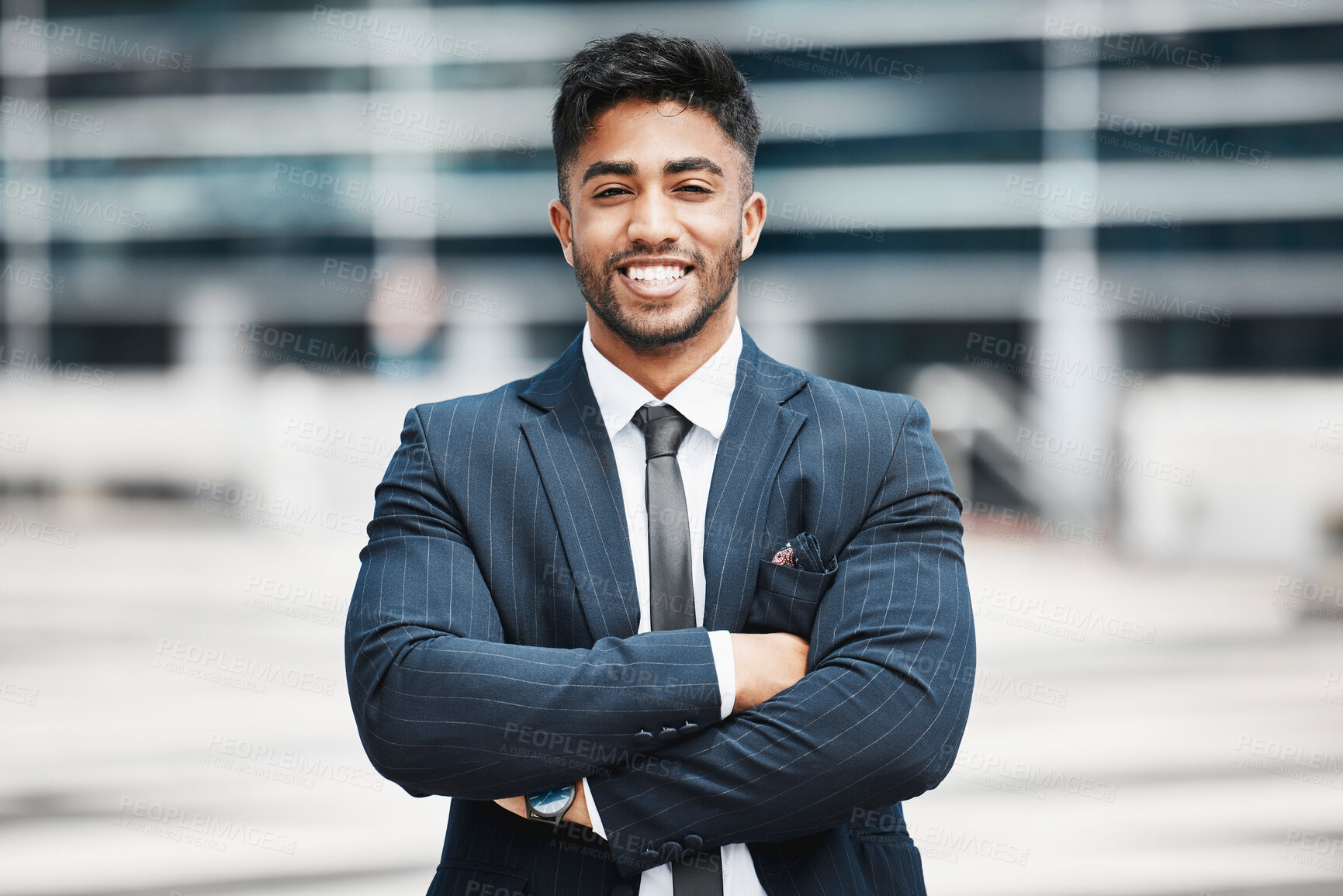 Buy stock photo Portrait, smile and confident businessman in city for work opportunity, travel or job pride. Face, suit and corporate expert outdoor with arms crossed for entrepreneurship of urban planner in Brazil