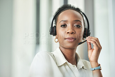 Buy stock photo Call center, customer support and portrait of black woman with headset for help, advice and telemarketing. Communication, business and serious female worker for contact, crm service and consulting