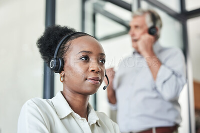 Buy stock photo Business woman, call center and telemarketing work of a web support worker with consulting in office. Contact us, African female employee and phone consultation in a office with workforce team