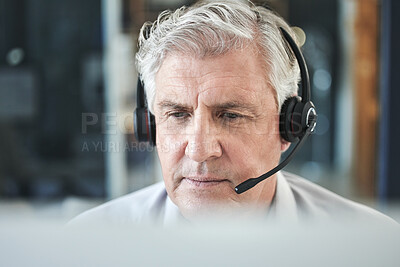 Buy stock photo Senior focus, contact us and call center help of a professional for telemarketing job. Mature, web support and online consultation of male person at desk for business sales and customer service.