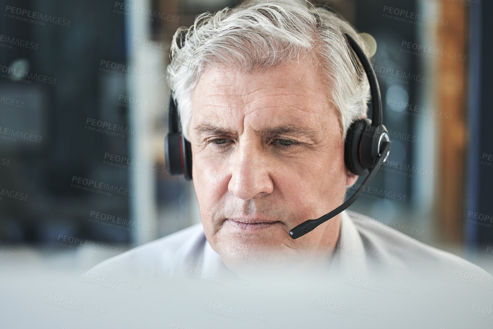 Buy stock photo Senior focus, contact us and call center help of a professional for telemarketing job. Mature, web support and online consultation of male person at desk for business sales and customer service.