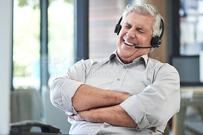 Buy stock photo Call center, customer support and man laugh in office for joke, humor and friendly sales service. Communication, telemarketing and happy senior male worker consulting with funny client contact