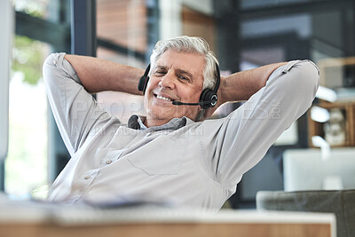 Buy stock photo Call center, customer support and senior man relax in office for help, sales and telemarketing. Communication, manager and elderly male worker stretch on break for contact, crm service and consulting