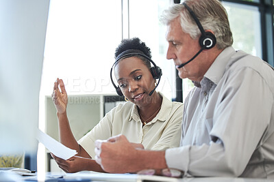 Buy stock photo Business intern, call center people and consultation of staff with web support and learning notes. Telemarketing, office and diversity of workforce with online contact us help and conversation