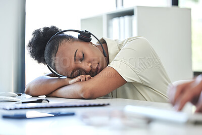 Buy stock photo Call center, sleeping and business with black woman in office for fatigue, customer service or stress. Overworked, consulting and help desk with female employee for dreaming, mental health or burnout