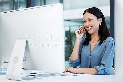 Buy stock photo Happy woman, call center and laughing in consulting, customer service, support or funny discussion at office. Friendly female person, consultant or agent laugh with smile for fun joke in contact us