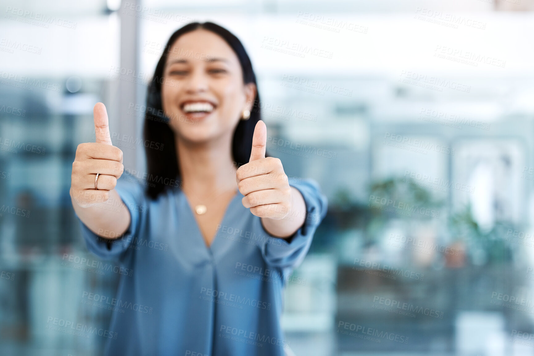 Buy stock photo Happy woman, call center and hands in thumbs up for success, winning or approval at office. Portrait of female person, consultant or agent with thumb emoji, yes sign or like for good job at workplace
