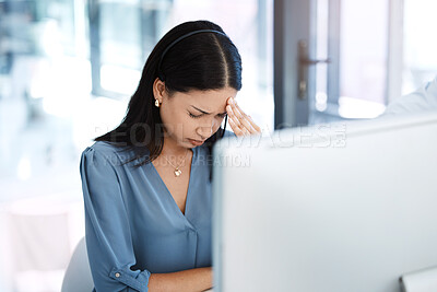 Buy stock photo Stress, headache and woman working at call center with problem, crisis or internet issue. Burnout, migraine and lady consultant with anxiety, glitch or online mistake while consulting in crm or faq