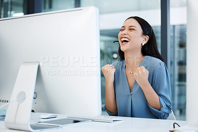 Buy stock photo Happy woman, call center and fist in celebration for winning, bonus or sales promotion at office. Excited female person, consultant or agent in joy for win, victory or customer service at workplace