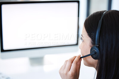 Buy stock photo Woman, call center and consulting with mockup screen in customer service, support or telemarketing at office. Female person, consultant or agent talking with headphones and mock up space at workplace