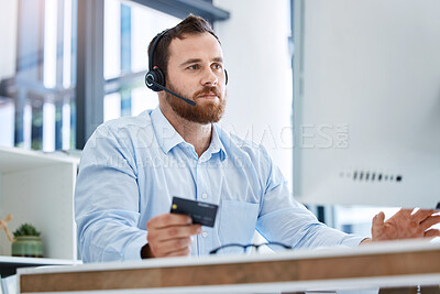 Buy stock photo Call center, business man and credit card in banking, fintech or payment mistake, error or finance problem. Financial advisor, agent or consultant person, technical support and e commerce on computer