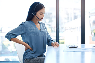 Buy stock photo Back pain, stress and woman at a call center with posture issue while working for telemarketing in office. Spine, backache and female consultant with anxiety, joint or problem while consulting in crm
