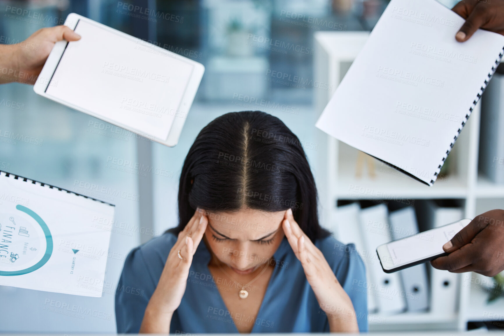 Buy stock photo Headache, stress and multitask business woman with time management problem, tablet mockup and documents. Questions, phone call and chaos of professional team manager, migraine pain and people hands
