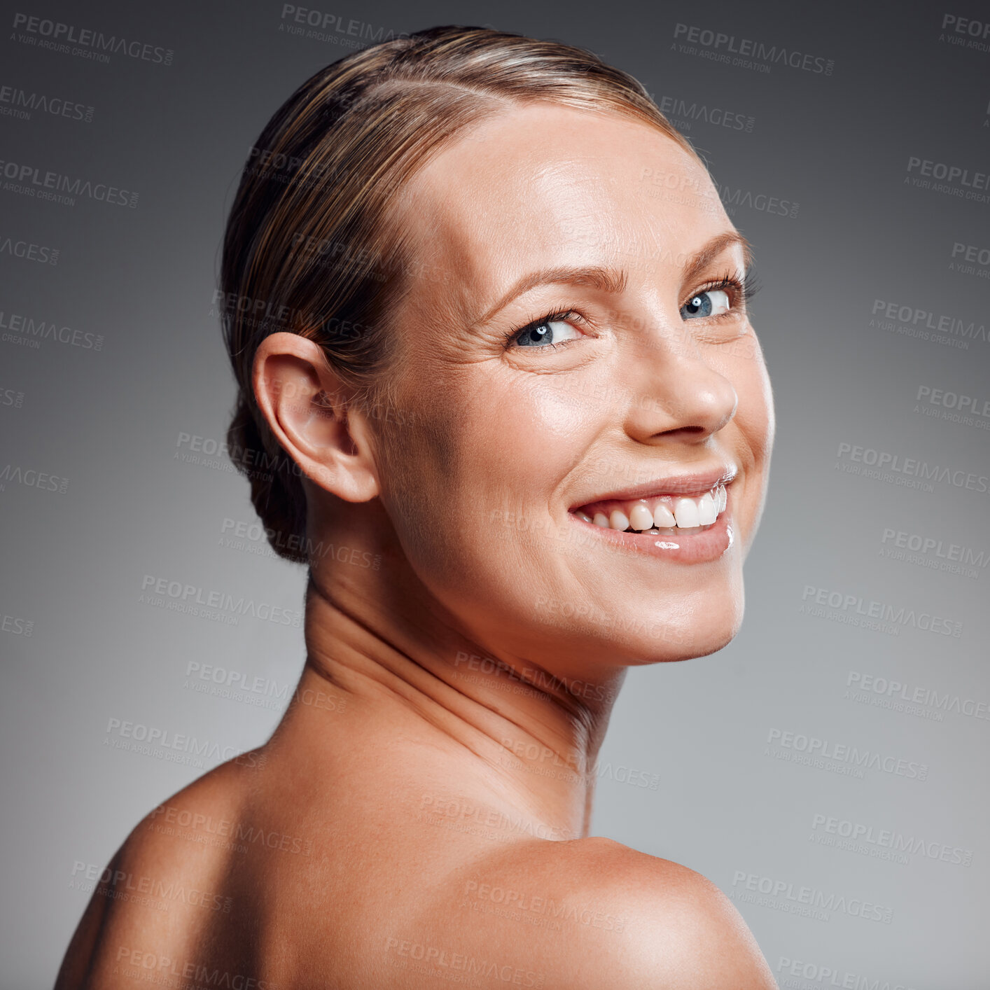 Buy stock photo Portrait, smile and skincare of mature woman in studio for glow, results or beauty on gray background. Face, happy model and natural cosmetics for dermatology, anti aging or facial aesthetic at spa