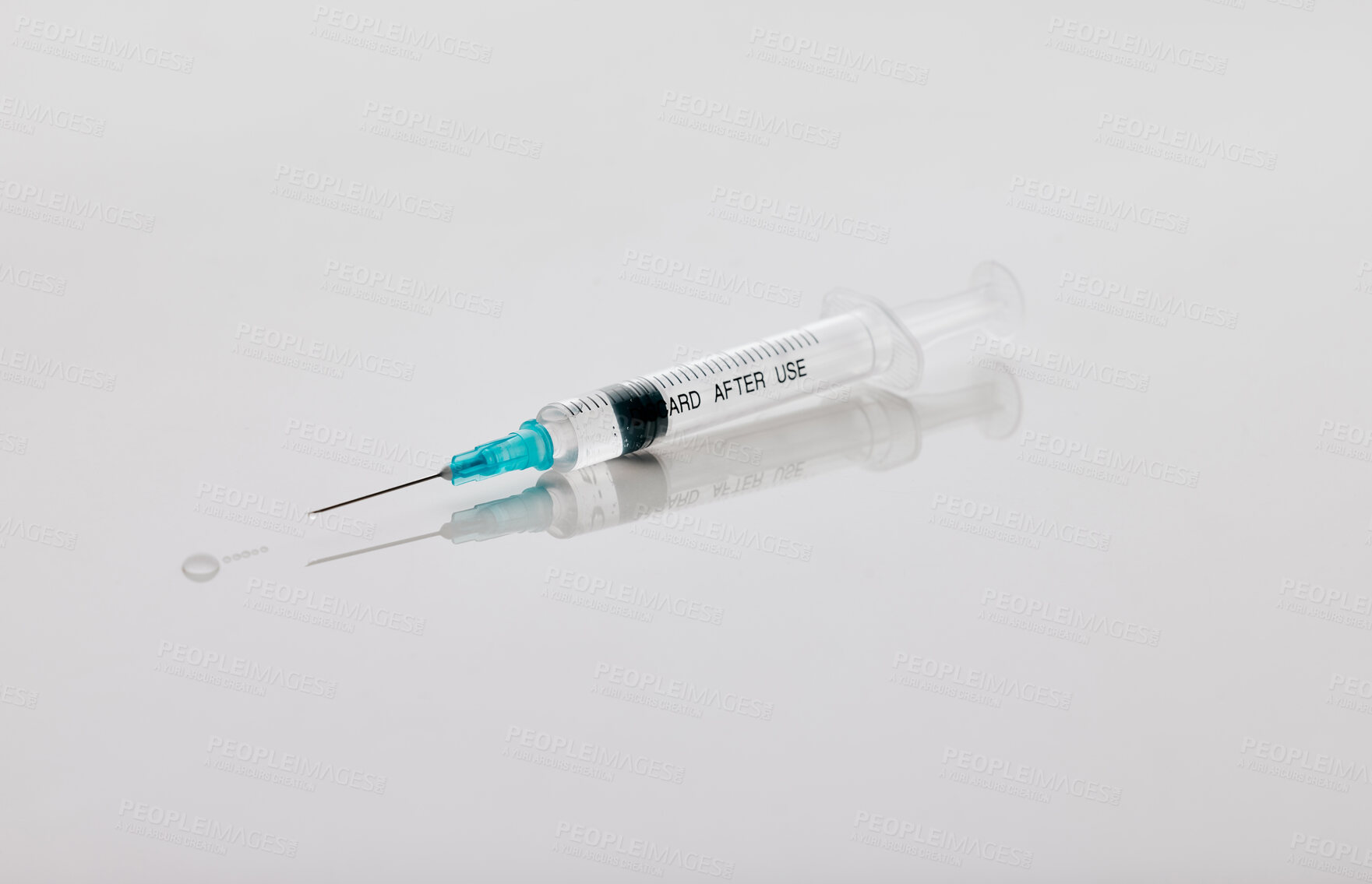 Buy stock photo Needle, syringe and injection for vaccine, medication and illness or cure on white studio background. Pharmacy, drugs and pharmaceutical product for healthcare, flu shot or equipment at clinic