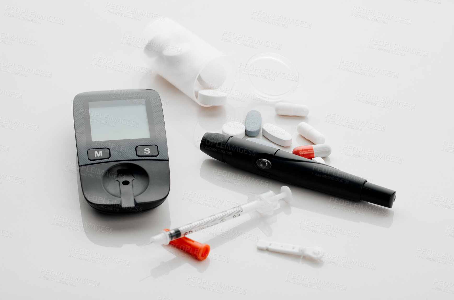 Buy stock photo Glucose meter, needle and blood test for vaccine, medication and illness or cure on white studio background. Drugs, syringe and pharmaceutical product for healthcare, flu shot or equipment at clinic