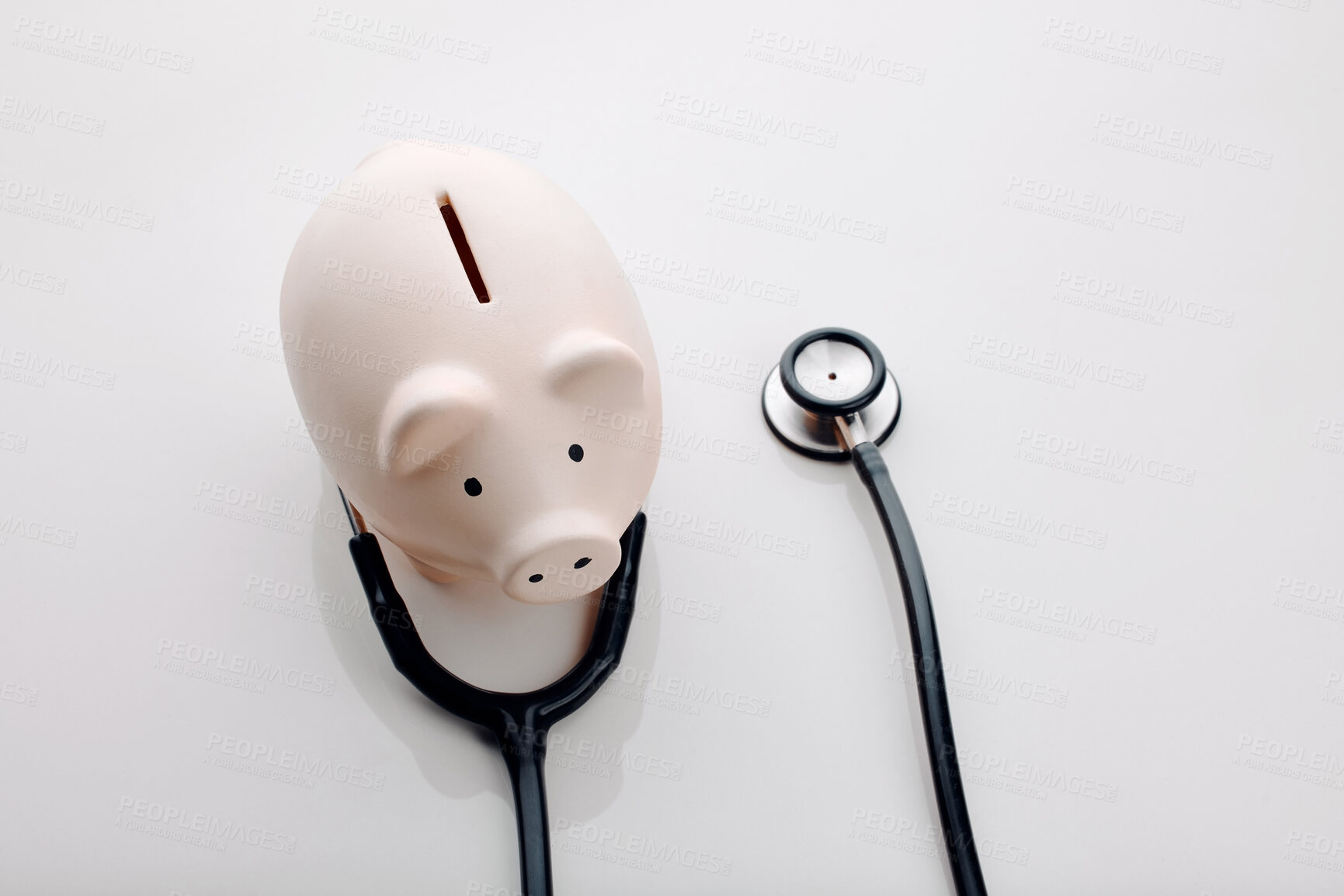 Buy stock photo Piggy bank, stethoscope for health insurance, investment and wellness in healthcare or medical aid. Background, budget and finance for retirement, pension and profit in saving, wealth and accounting