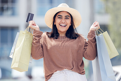 Buy stock photo Woman, smile with credit card and shopping bag at mall with luxury, retail and excited for shop discount. Happy female customer at outdoor market, fashion and buyer choice banking budget and sale