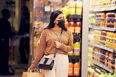 Buy stock photo Woman in mask, grocery shopping and supermarket, safety from virus and retail. Groceries choice, refrigerator with stock and female customer safe from bacteria in shop, commercial service and sale