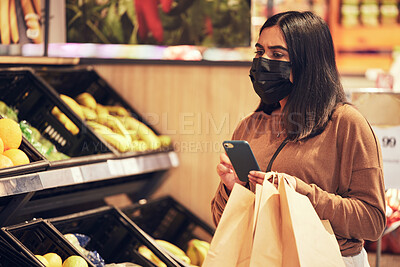 Buy stock photo Grocery store, mask and woman with phone for shopping list, inventory and healthy food sales. Eco friendly, organic vegetables and girl at sustainable supermarket with paper bag, ppe or social safety