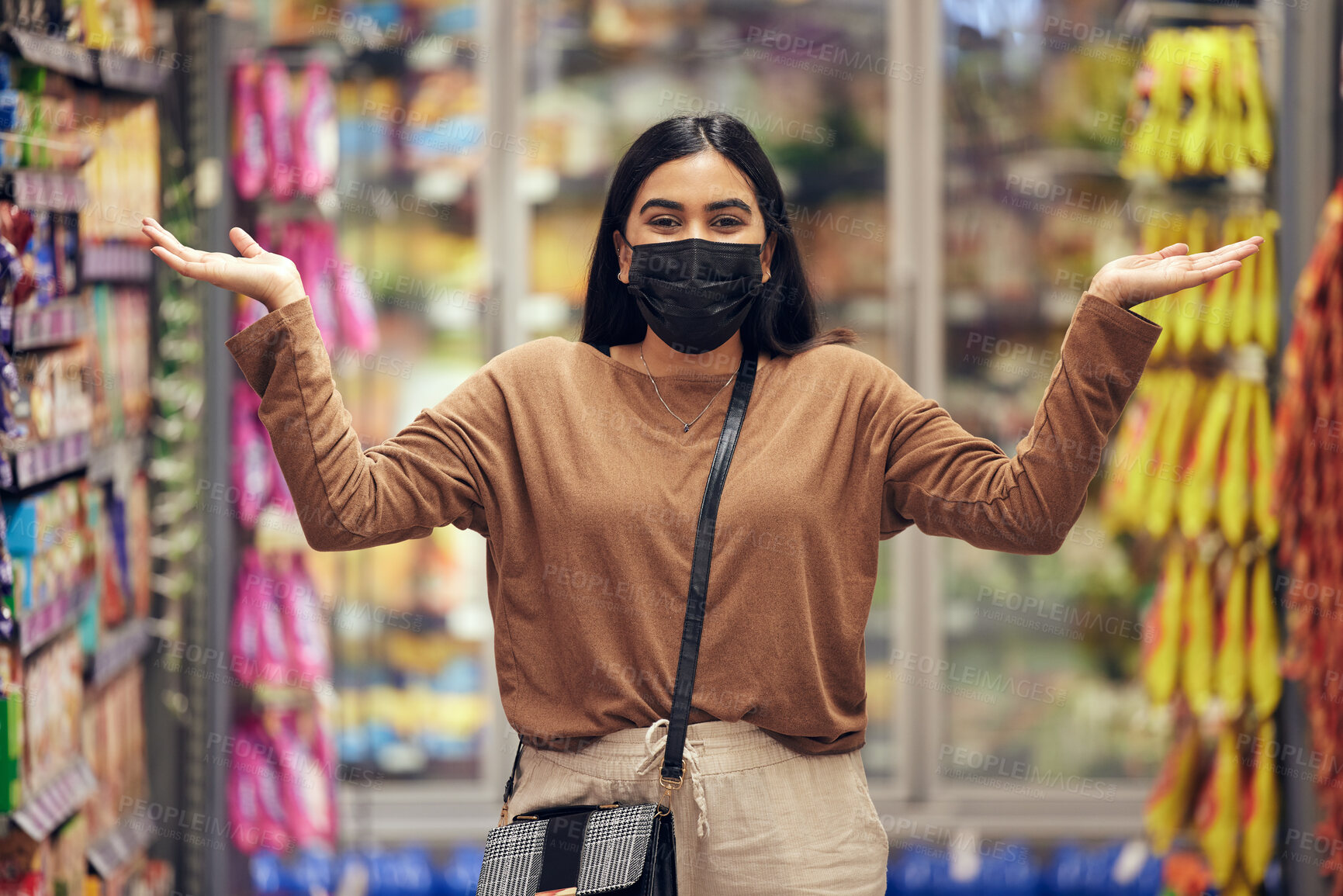 Buy stock photo Woman, supermarket and face mask with choice, decision or confused for price increase, budget or pandemic inflation. Customer in portrait with why for product import or trade issue at grocery store 