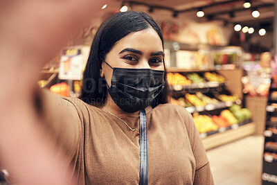 Buy stock photo Woman, selfie and face mask in supermarket for grocery shopping update, vlog and content creation in South Korea. Girl or tourist in portrait photography by food and vegetables with experience abroad
