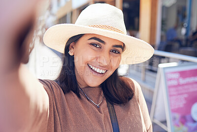 Buy stock photo Woman, city and selfie with outdoor travel, vlogging and happy tourism in Miami for summer. Portrait of young person or tourist in fashion straw hat and smile on holiday, vacation or shopping in town