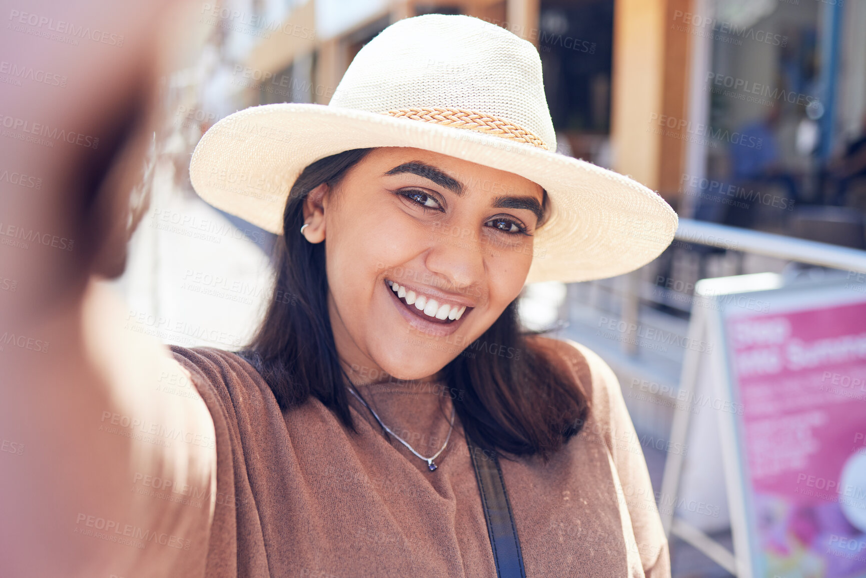 Buy stock photo Woman, city and selfie with outdoor travel, vlogging and happy tourism in Miami for summer. Portrait of young person or tourist in fashion straw hat and smile on holiday, vacation or shopping in town