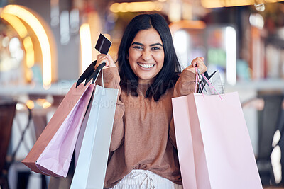 Buy stock photo Portrait, excited and woman with a credit card, shopping and bags with transactions, fashion and boutique clothes. Face, female person and customer with fashion, deal or retail with products or items