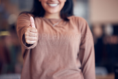 Buy stock photo Hand, thumbs up and woman with feedback and support, success with motivation and emoji for positive review. Yes, like and sign with mockup space, female person with ok, thank you and agreement