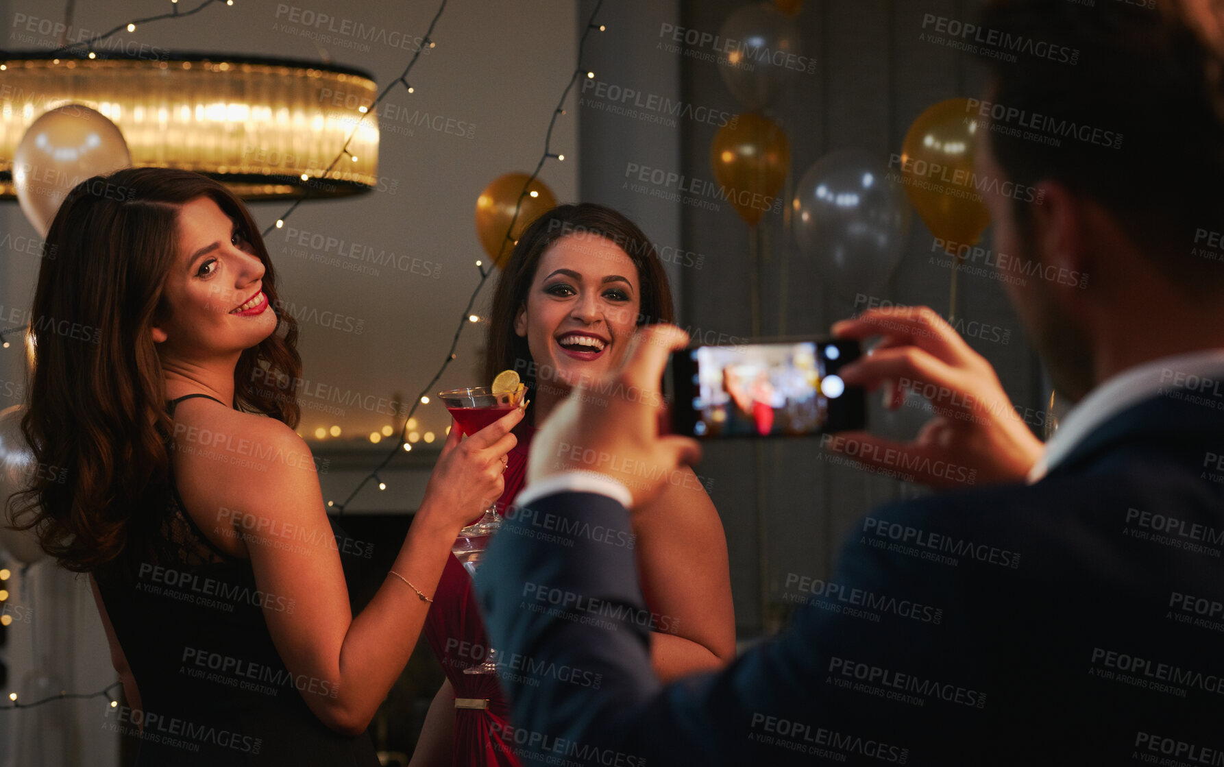 Buy stock photo Photography, phone and women at party with friends, drinks or happy celebration together at social event. Smile, smartphone and people with digital memory, cocktail and fun energy at luxury nightclub