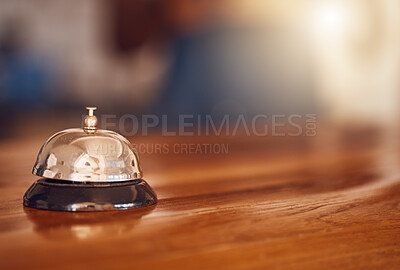 Buy stock photo Service bell at information desk at a hotel, motel or restaurant for hospitality industry background. Customer service or help at receptionist in a luxury suite for tourism business
