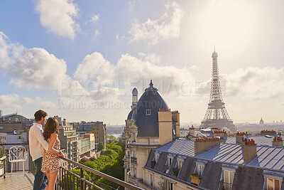 Buy stock photo Architecture, rooftop and couple with Eiffel Tower in city of France for honeymoon, holiday and vacation. Buildings, love and man and woman hug with landmark for tourism, travel destination and view