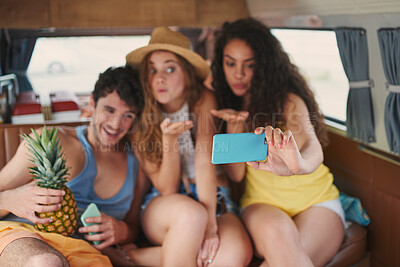 Buy stock photo People, friends and happy on selfie in car on road trip for memories, social media post and profile picture. Relationship, gen z and smile in minivan or vehicle for bonding on summer holiday or break